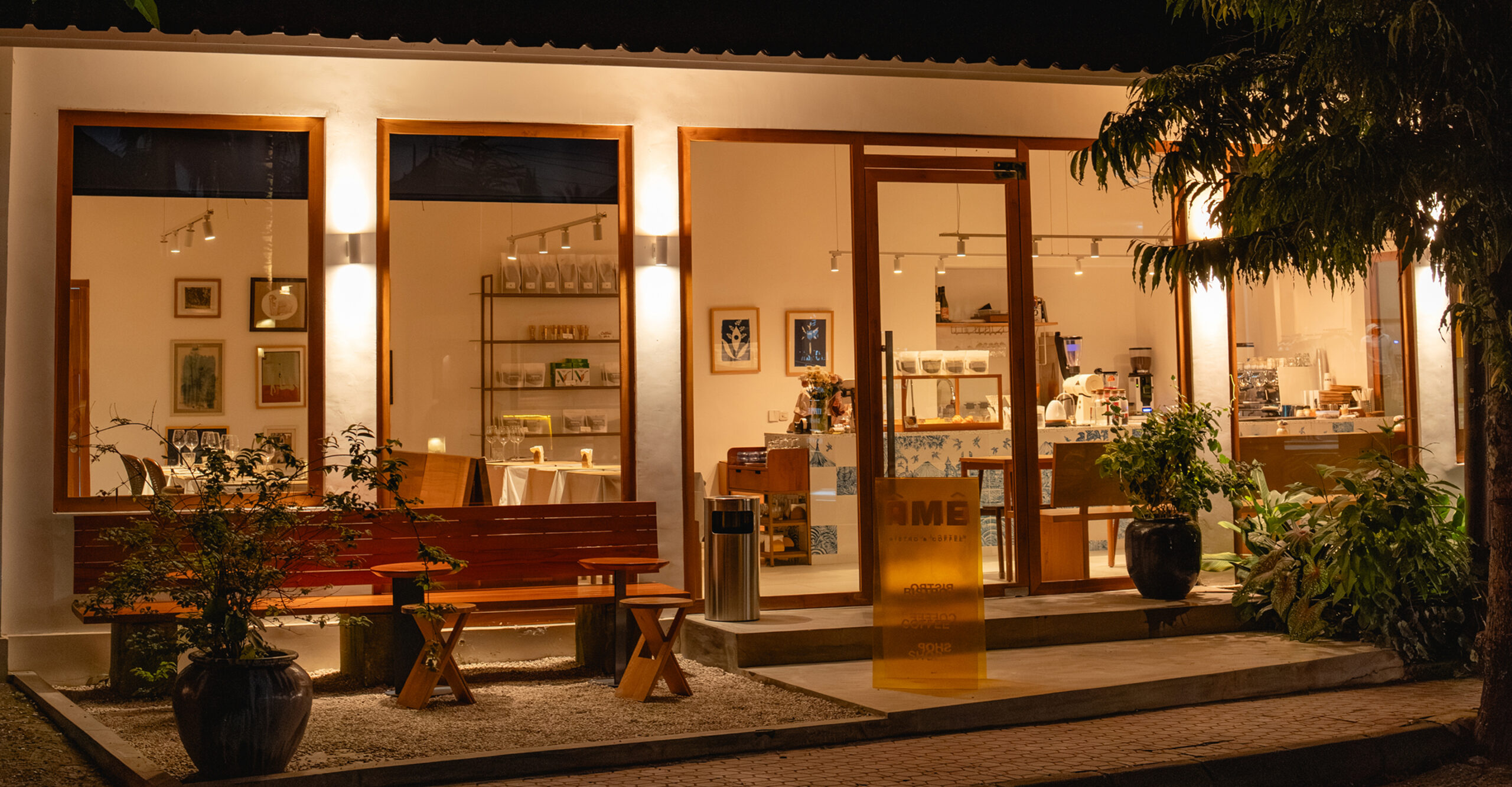 Ame bistro and coffee at night from outside