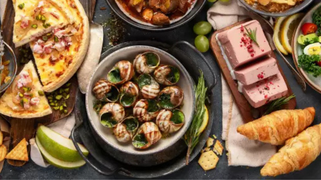 Assorted French-inspired dishes served on a table, featuring grilled meats, vegetables, and colorful side dishes.